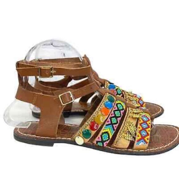 SAM EDELMAN Lanai Embellished Strappy Flat Sandals In Saddle - Picture 6 of 14